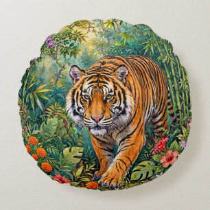 Bengal Tiger Vibrant Bamboo Jungle Round Pillow