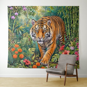 Bengal Tiger Vibrant Bamboo Jungle Tapestry