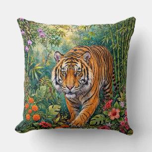 Bengal Tiger Vibrant Bamboo Jungle Throw Pillow