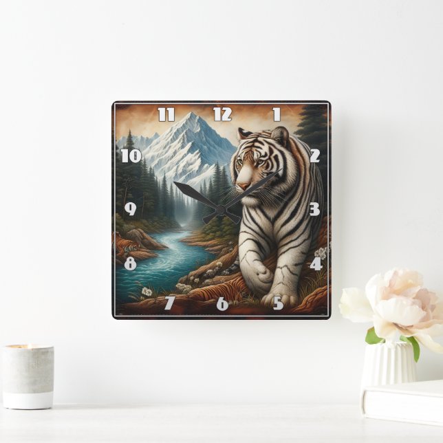 Bengal Tiger Walking by Mountain River at Dusk Square Wall Clock (Home)
