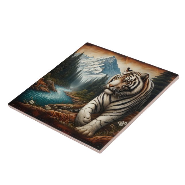 Bengal Tiger Walking by Mountain River at Dusk Tile (Side)