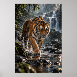 Bengal Tiger Walking Through Rainforest Water Wild Poster