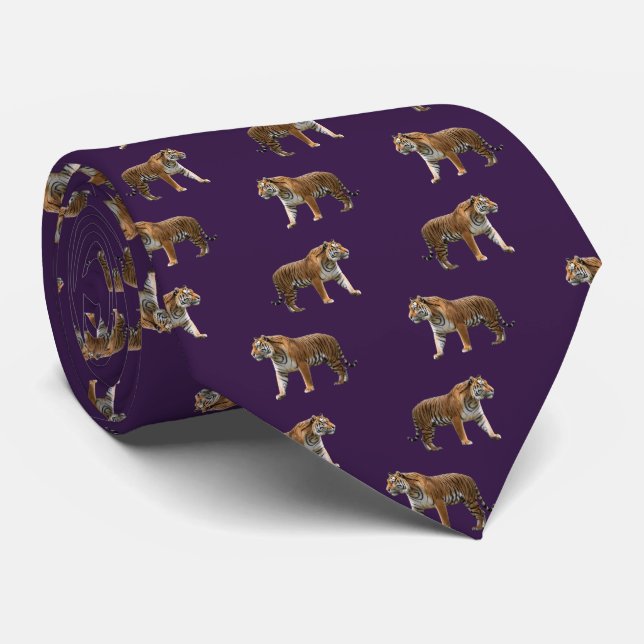 Bengal Tiger Wildlife Animal Patterned Purple Tie (Rolled)