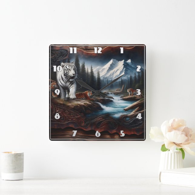 Bengal Tigers in a Mountain Landscape Square Wall Clock (Home)