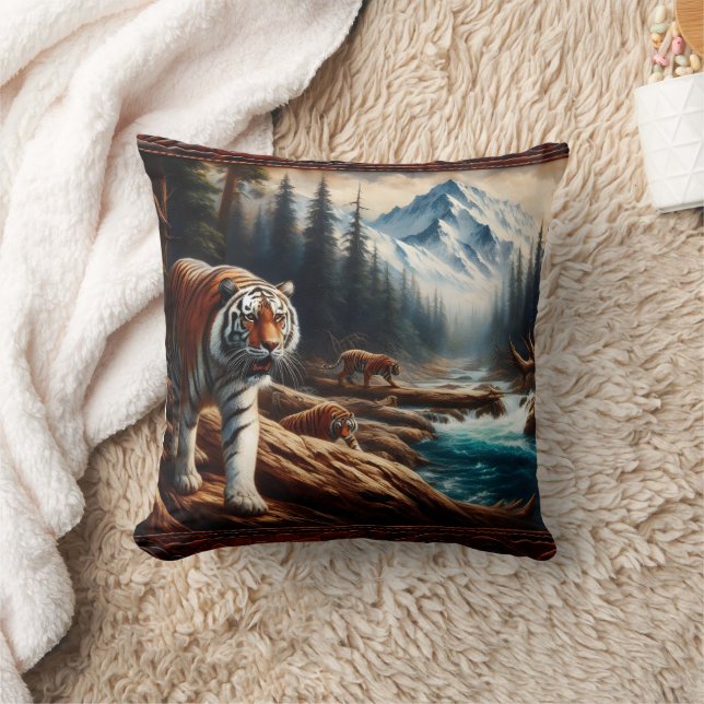 Bengal Tigers Near Mountain Stream at Dawn Throw Pillow (Blanket)