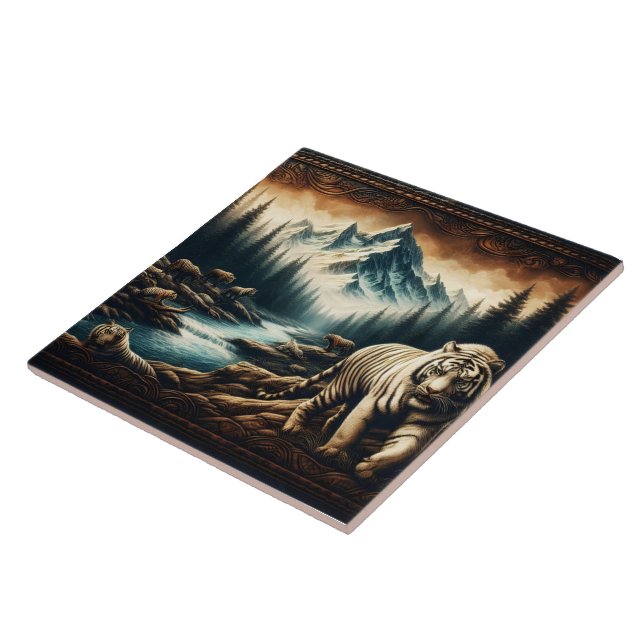 Bengal Tigers Near Mountain Stream in Wilderness Tile (Side)