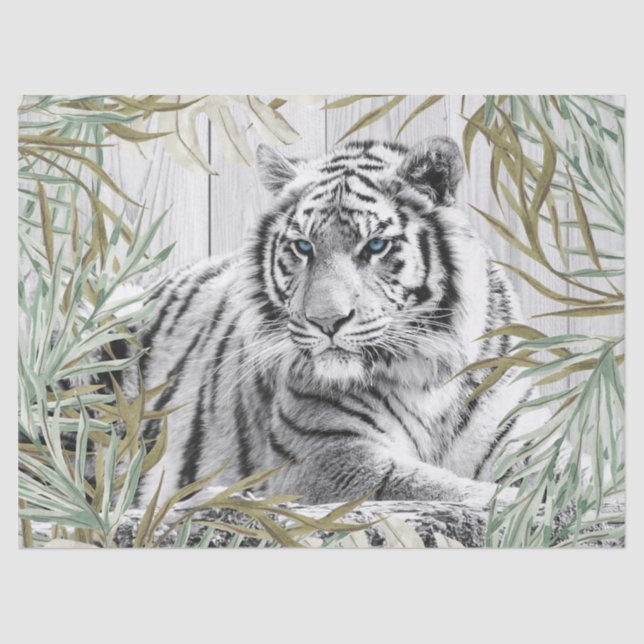 Bengal White Tiger Tropical Palm Decoupage Tissue Paper (Front)