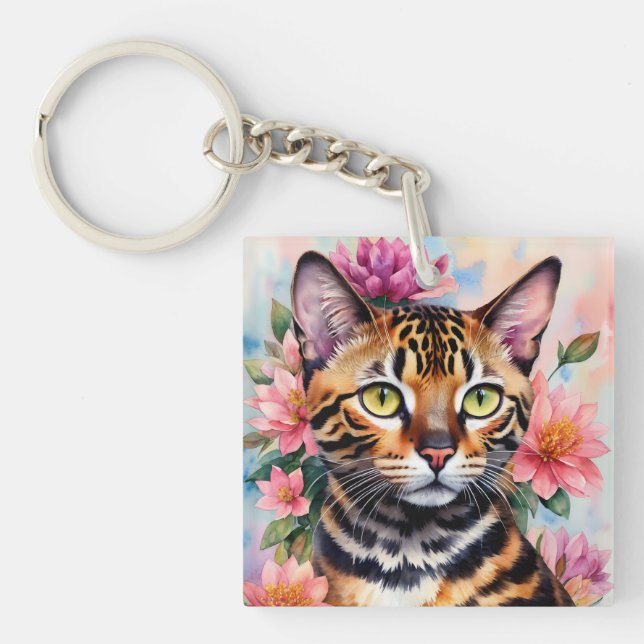 Bengale Chat Floral Aquarelle Art (Devant)