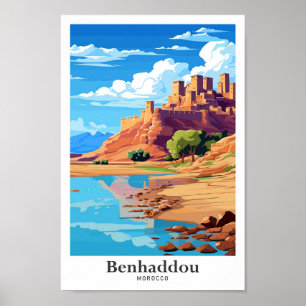 Benhaddaou Morocco Art Vintage Travel Illustration Poster