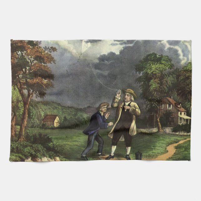 Benjamin Franklin's Lightning with Kite Experiment Kitchen Towel (Horizontal)