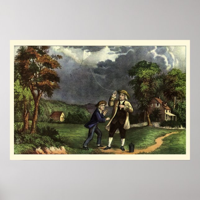 Benjamin Franklin's Lightning with Kite Experiment Poster (Front)