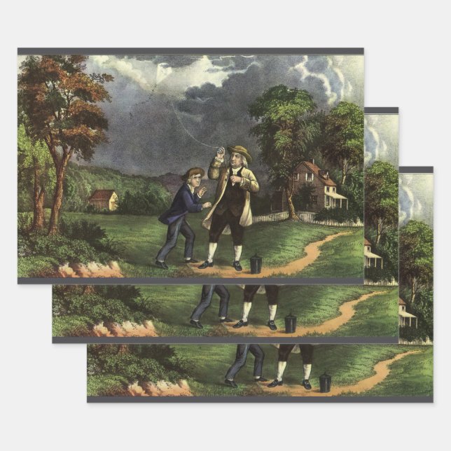 Benjamin Franklin's Lightning with Kite Experiment Wrapping Paper Sheet (Set)