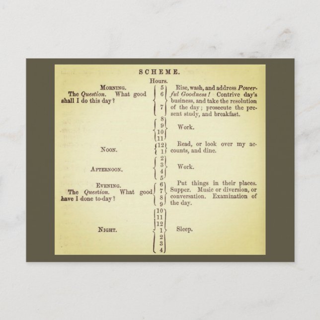 Benjamin Franklin's routine schedule Postcard (Front)