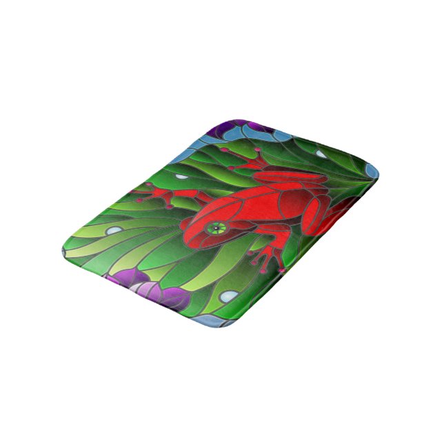 Benjamin the Red Frog Pond Flower Green Lotus Leaf Bath Mat (Angled)