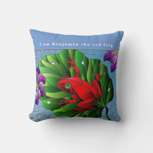 Benjamin the Red Frog Pond Flower Green Lotus Leaf Throw Pillow
