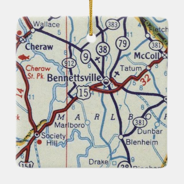 Bennettsville SC Vintage Map Ceramic Ornament (Back)