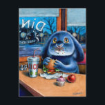 Benny Blue - Diner Postcard<br><div class="desc">Benny Blue Bunny - Diner dinner supper lunch food eat hamburger drink fun,  traditional whimsical illustration by Christine Karron</div>