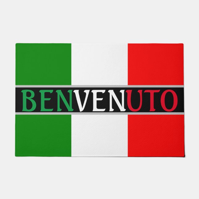 Benvenuto Welcome on Italian Flag Doormat (Front)