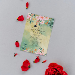 Beown pink watercolor floral botanical graduation invitation