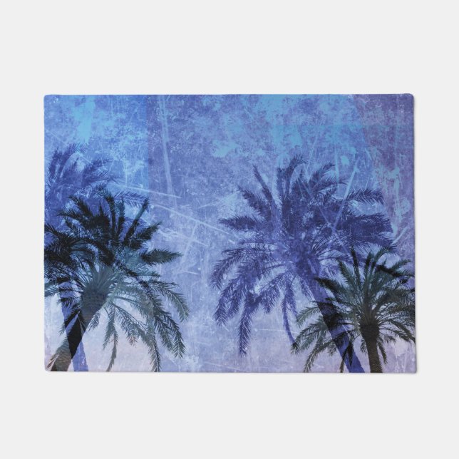 Bercelona Blue Palm tree Grunge Digital Art Design Doormat (Front)