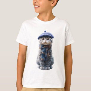 Beret Plaid Scarf Cat Illustration Kids T-Shirt