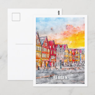 Bergen Hordaland Norway Travel Place Watercolor Postcard