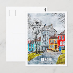 Bergen Hordaland Norway Travel Place Watercolor Postcard