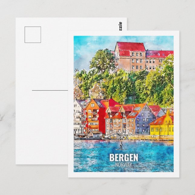Bergen Norway Famous Travel Watercolor Sketch Postcard (Front/Back)