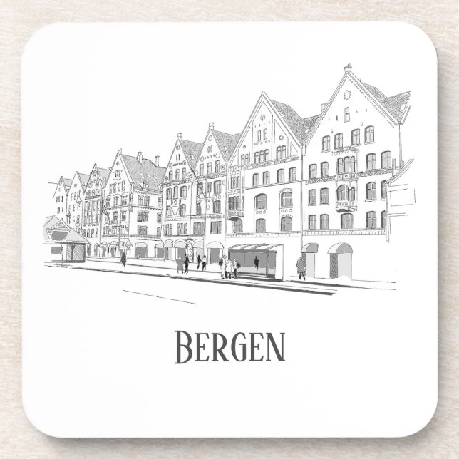 Bergen Norway Streetscape Beautiful Line Drawing Coaster (Front)
