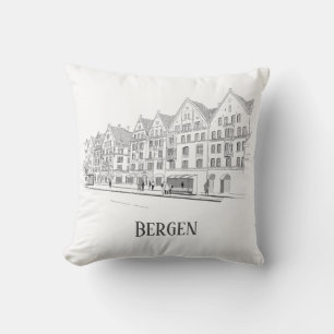 Bergen Norway Streetscape Beautiful Line Drawing Throw Pillow