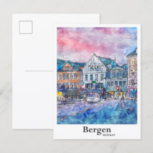 Bergen Norway Travel Watercolor Sketch Hand Drawn  Postcard