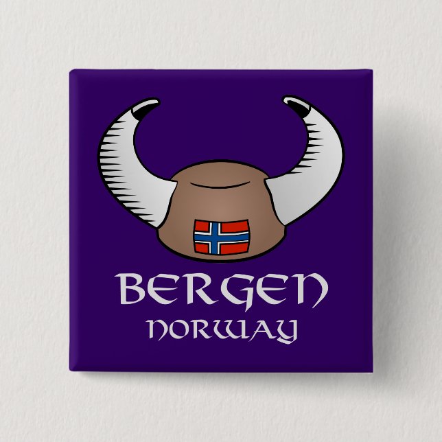Bergen Norway Viking Hat 2 Inch Square Button (Front)