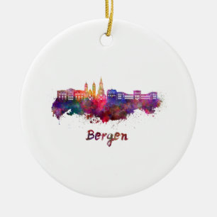Bergen skyline in watercolor ceramic ornament