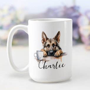 berger allemand avec tasse de café, chien avec att