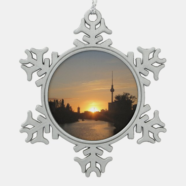Berlin Germany Skyline Night Fernsehturm Snowflake Pewter Christmas Ornament (Front)