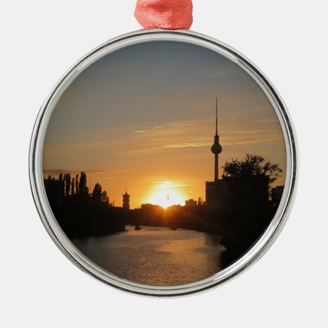 Berlin Germany Skyline Night Postcard Fernsehturm Metal Ornament (Front)