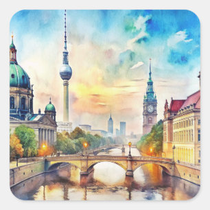 Berlin Watercolor Painting Square Sticker
