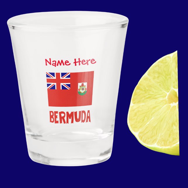 Bermuda Bermudia Flag Red Personalization  Shot Glass (Bermudan Flag on shot glass has the word BERMUDA below in flag colors. Add name above in red text.)