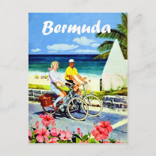 Bermuda, couple bicycling near beach, vintage postcard