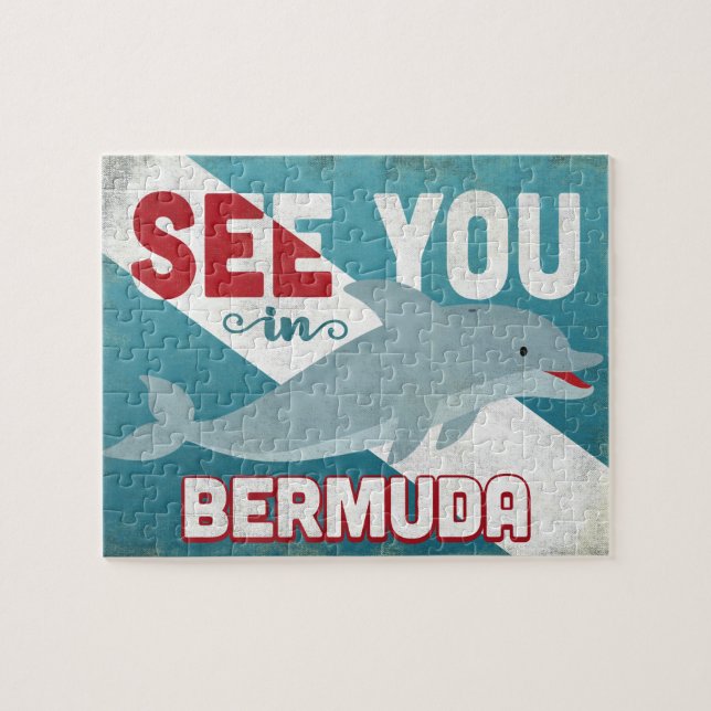 Bermuda Dolphin - Retro Vintage Travel Jigsaw Puzzle (Horizontal)