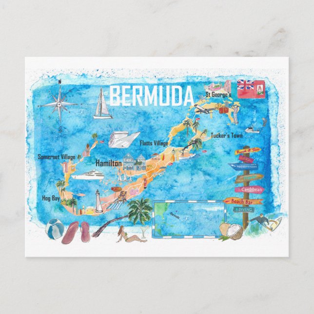 Bermuda Island Travel Poster Favourite Tourist Map Postcard (Front)