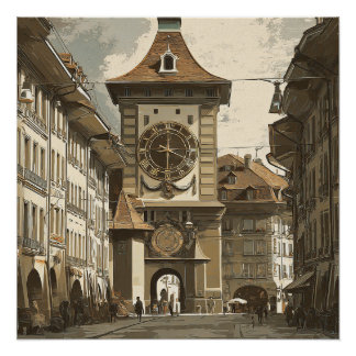 Bern Switzerland Vintage Clock Travel Poster