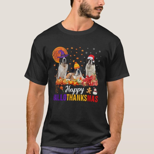 Bernard Dog Puppy Hallothanksmas Halloween Thanksg T-Shirt (Front)