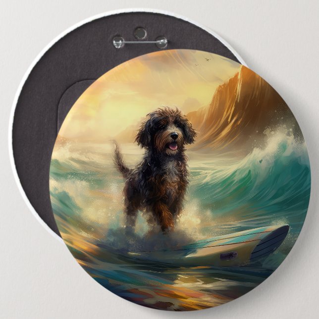Bernedoodle Beach Surfing Painting  6 Inch Round Button (Front & Back)