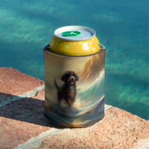 Bernedoodle Beach Surfing Painting  Can Cooler