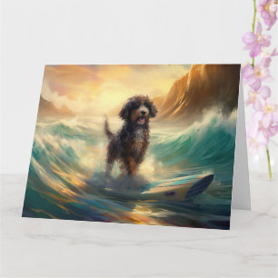 Bernedoodle Beach Surfing Painting  Card