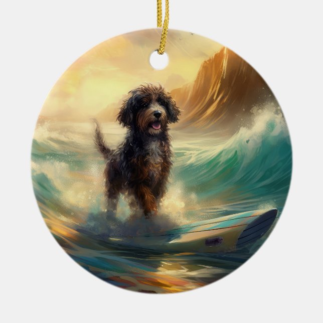 Bernedoodle Beach Surfing Painting  Ceramic Ornament (Front)