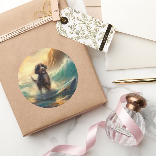 Bernedoodle Beach Surfing Painting  Classic Round Sticker (Gifting)