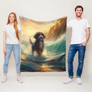 Bernedoodle Beach Surfing Painting  Fleece Blanket
