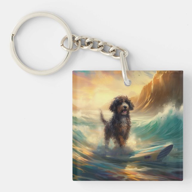 Bernedoodle Beach Surfing Painting  Keychain (Front)